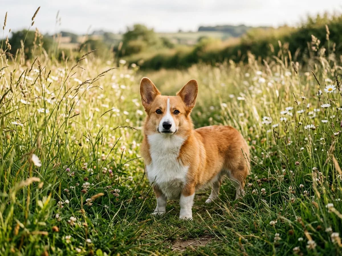 A red-and-white Pembroke Welsh Corgi with upright ears standing in tall grass, alert and bright-eyed, short legs planted