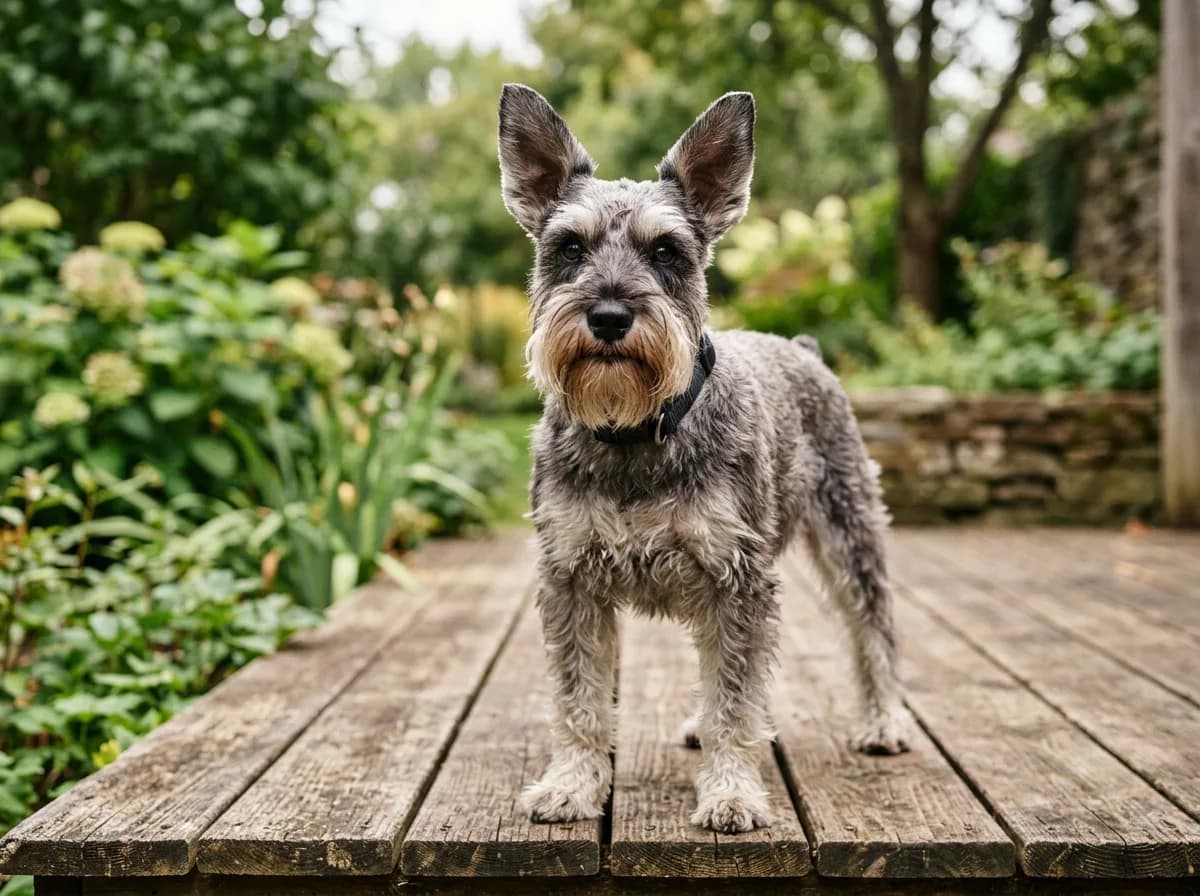 A salt-and-pepper Miniature Schnauzer with a bearded muzzle standing on a wooden deck, ears perked, looking spirited
