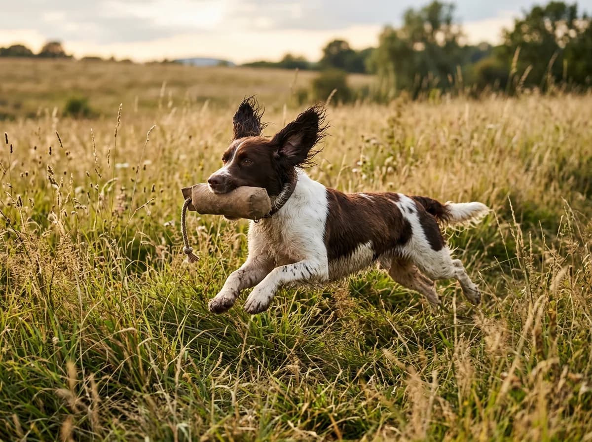 A liver-and-white English Springer Spaniel bounding through a field of tall grass, ears flying, carrying a game bird dummy