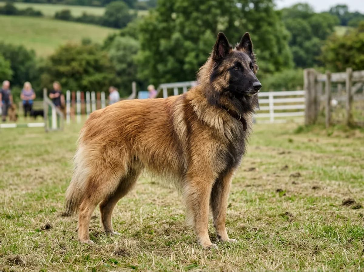 A fawn-and-black Belgian Tervuren with a long elegant coat standing squarely on a training field, poised and attentive