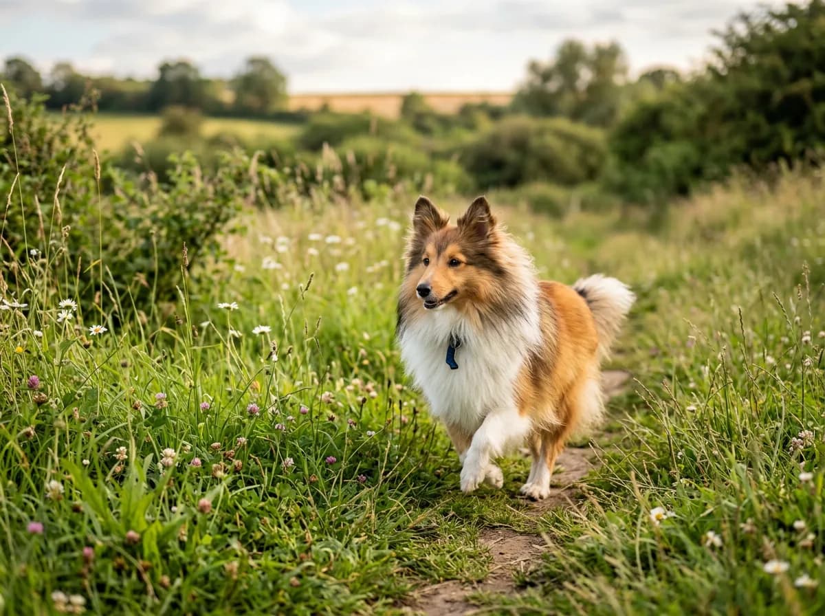 A small sable-and-white Shetland Sheepdog with a full mane trotting through a grassy field, ears tipped forward