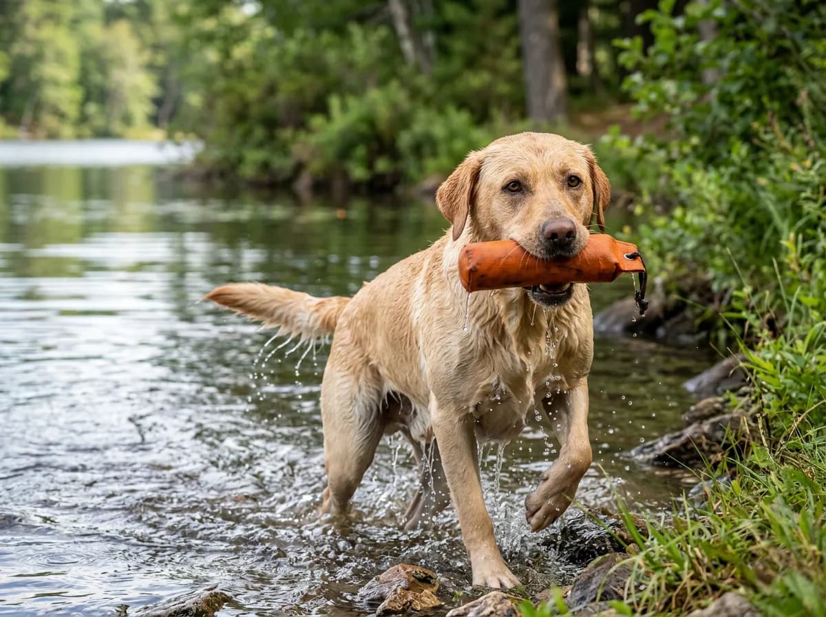 A yellow Labrador Retriever wading out of a lake with a training bumper, water streaming off its coat, eyes bright