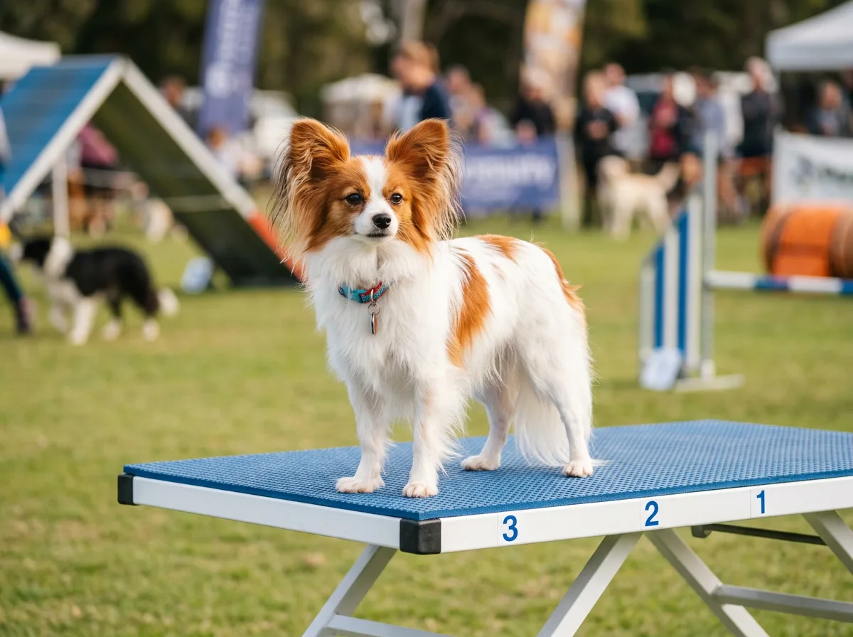 A tiny white-and-red Papillon with large fringed butterfly ears standing on an agility table, looking sharp and ready
