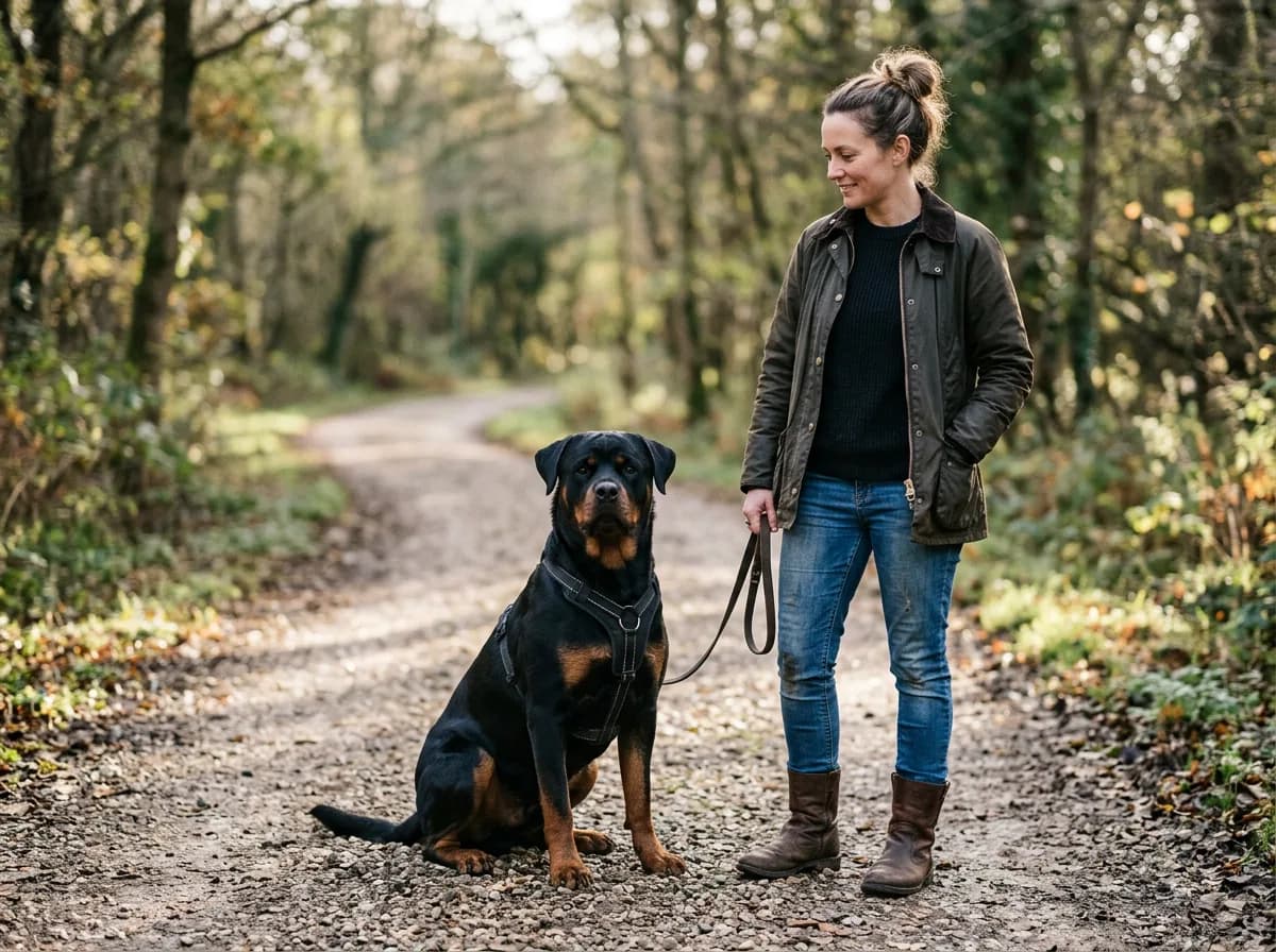 A powerful black-and-tan Rottweiler sitting calmly beside its handler on a gravel path, steady and watchful
