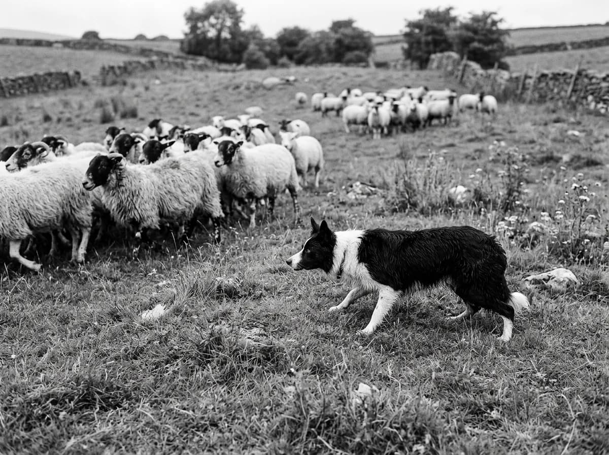 A black-and-white Border Collie crouched low in a herding stance, intensely eyeing a flock of sheep in a grassy paddock