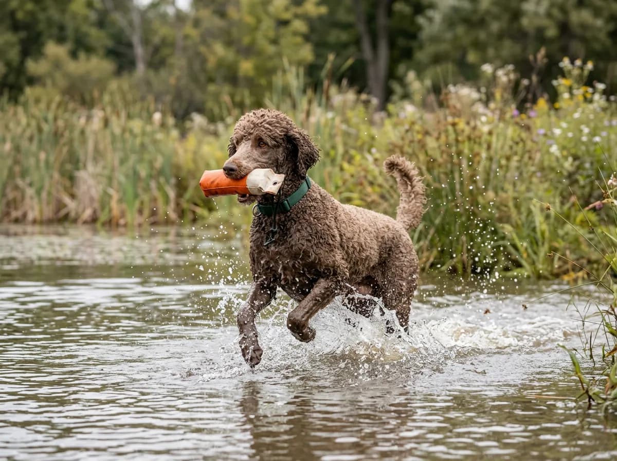 A Standard Poodle in a natural sporting clip splashing through shallow water carrying a training dummy in its mouth