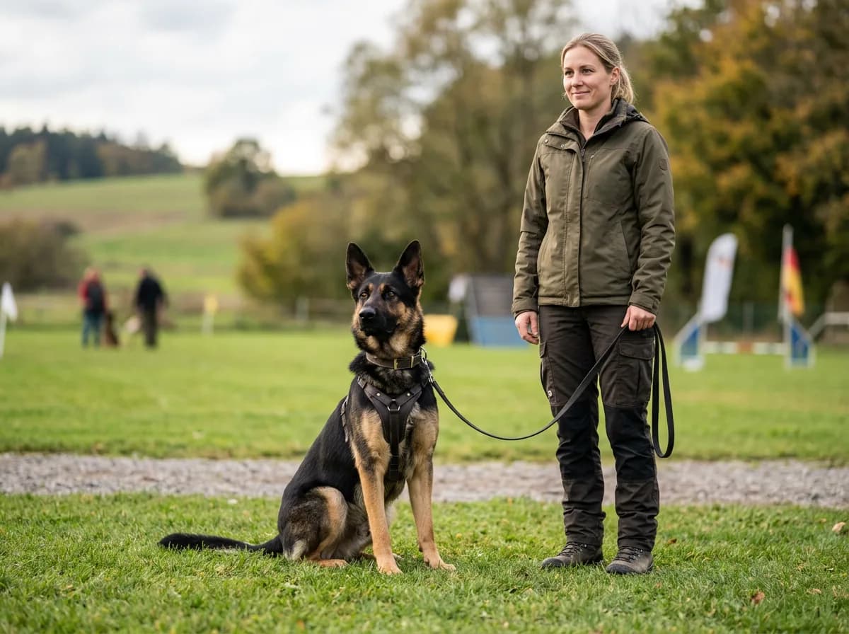 A confident German Shepherd in a focused sit at a handler's side on a training field, ears up and attention forward