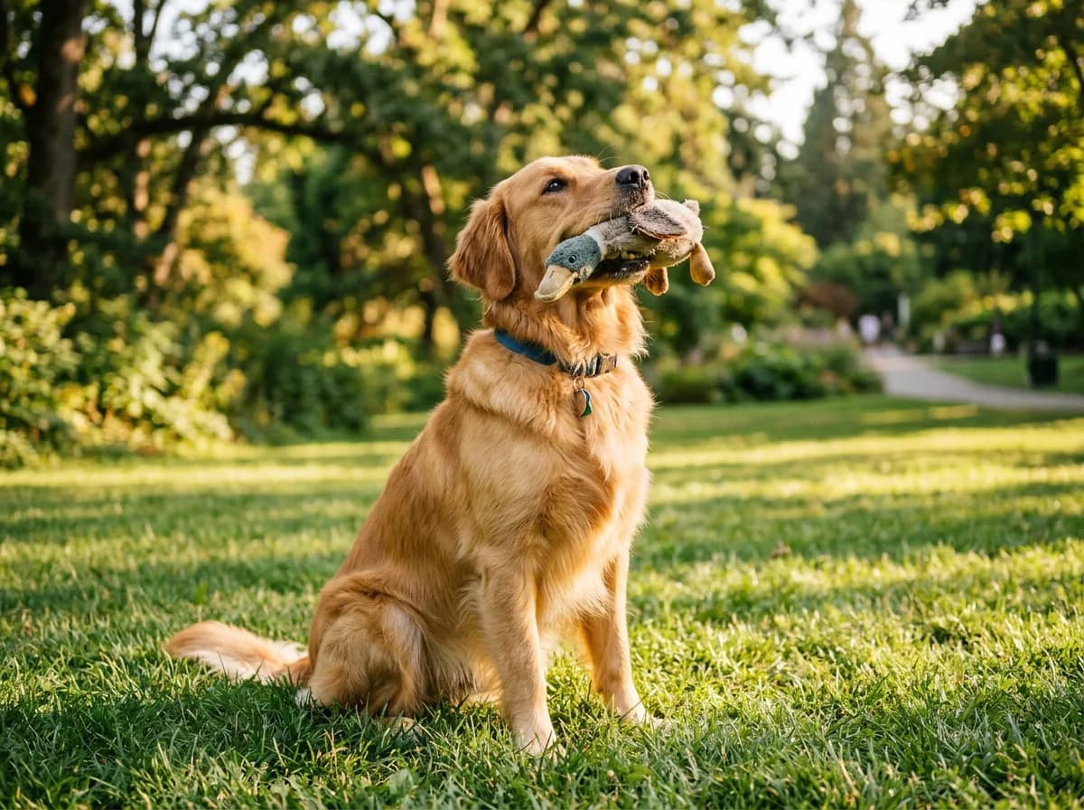 A Golden Retriever sitting attentively in a sunlit park, holding a soft toy and looking up eagerly at its owner