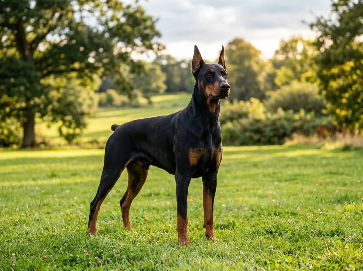 A sleek black-and-tan Doberman Pinscher standing alert on a lawn, muscular and poised, ears attentive