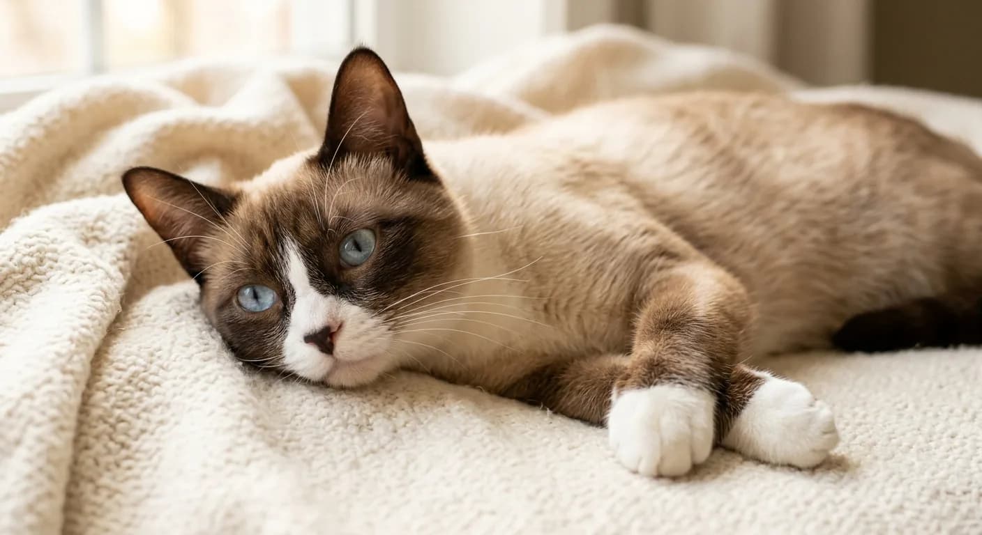 A short-haired chocolate point Snowshoe cat lying on a cream blanket, warm milk-chocolate points on the ears and mask, white-booted paws, a faint inverted white V, and pale blue eyes, soft pastel lighting that highlights the lighter point color