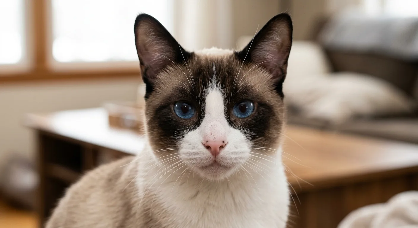 Close-up portrait of a short-haired Snowshoe cat showing the inverted white V running down the muzzle between deep blue eyes, dark seal points on the ears and mask, and a pink nose, sharp detail on the white facial markings