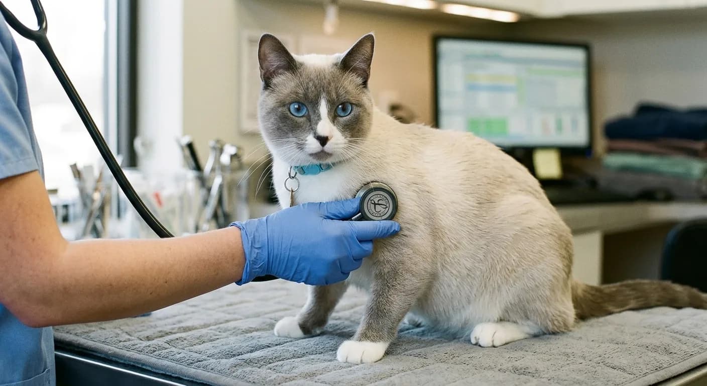 A short-haired blue point Snowshoe cat being gently examined by a veterinarian with a stethoscope on a clinic table, the cat calm and alert with white boots and blue eyes visible, conveying routine cardiac and wellness screening