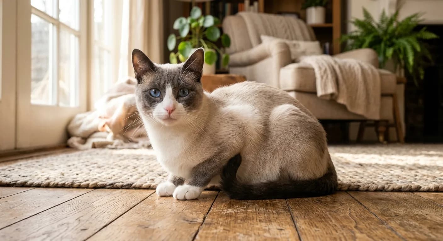 A short-haired blue point Snowshoe cat with soft slate-grey points, white paws and a white inverted V on the face, blue eyes, photographed in warm natural window light on a wooden floor in a cozy home setting