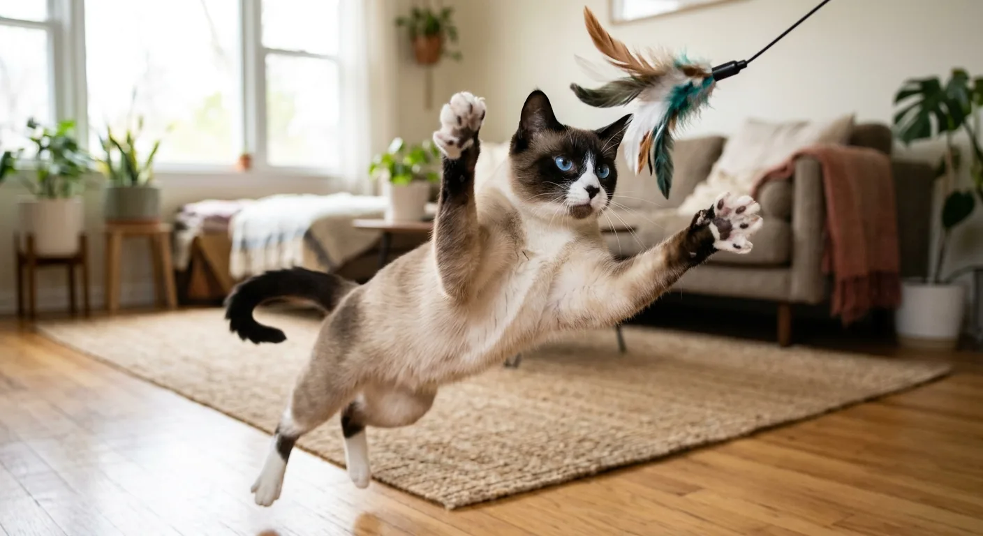 A short-haired seal point Snowshoe cat mid-play reaching up toward a feather wand toy, white-booted front paws lifted, blue eyes locked on the toy, in a bright living room, conveying an energetic dog-like personality