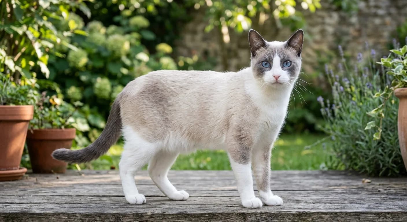 A short-haired blue bicolor Snowshoe with a bold inverted white V over the muzzle, a white chest and underside, white legs and boots, color on the ears and outer mask, blue eyes, standing