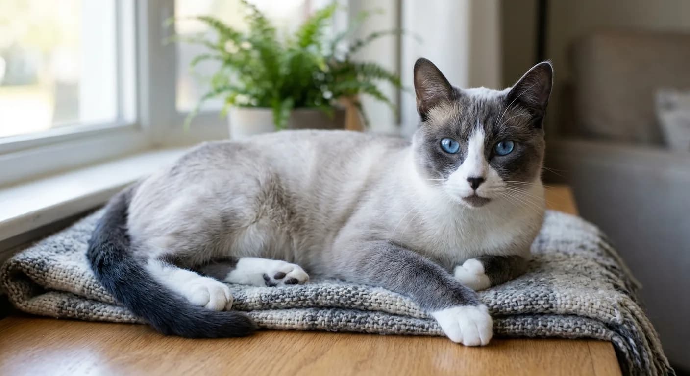 A short-haired blue point Snowshoe with soft smoky slate-grey ears, mask, and legs over a cool bluish-white body, white paw boots, a white inverted V on the face, blue eyes, lying down