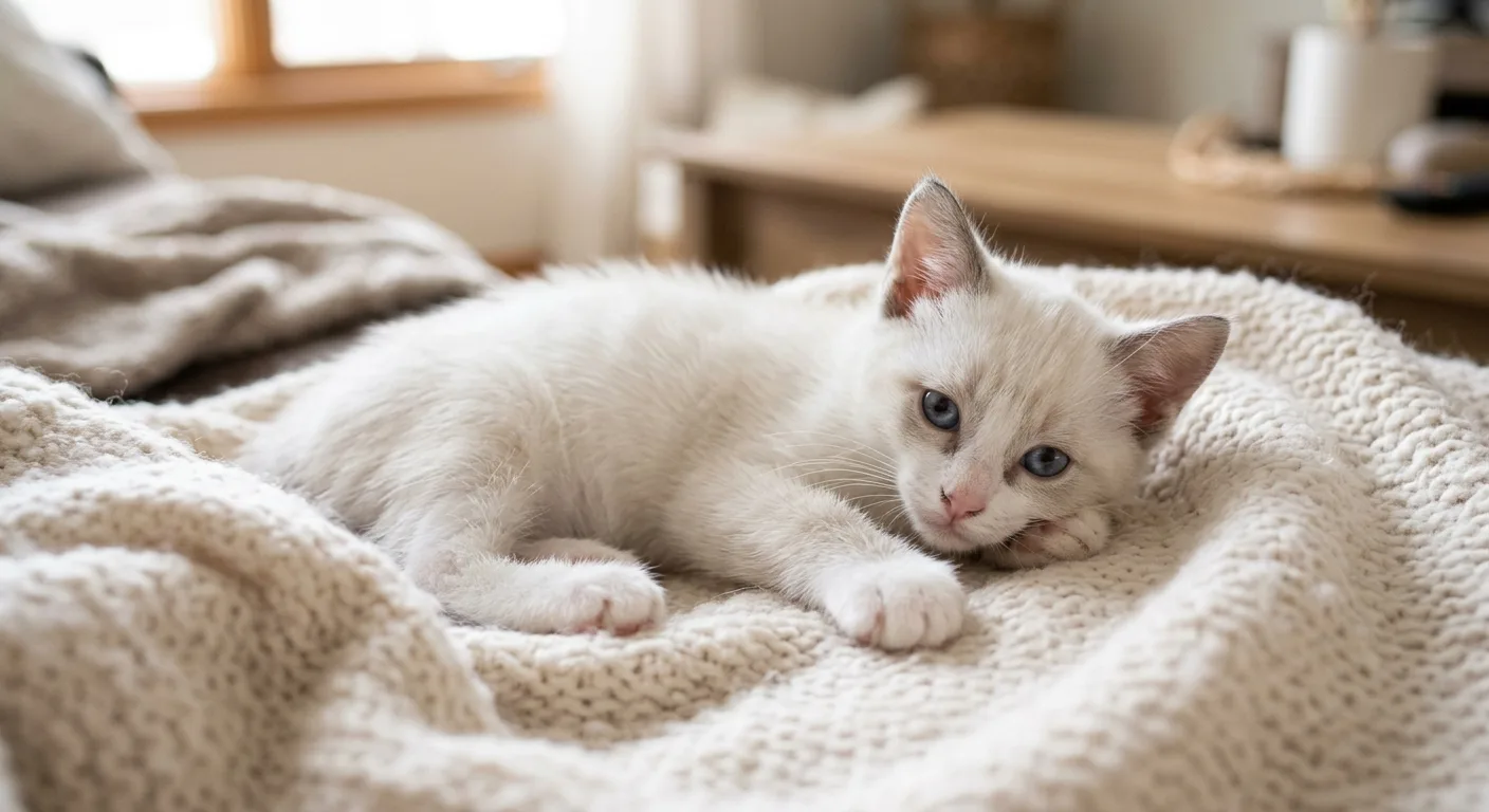 A nearly all-white short-haired Snowshoe kitten with very faint seal points just beginning to show on the ears and nose, white paws, developing blue eyes, resting on a soft pale blanket