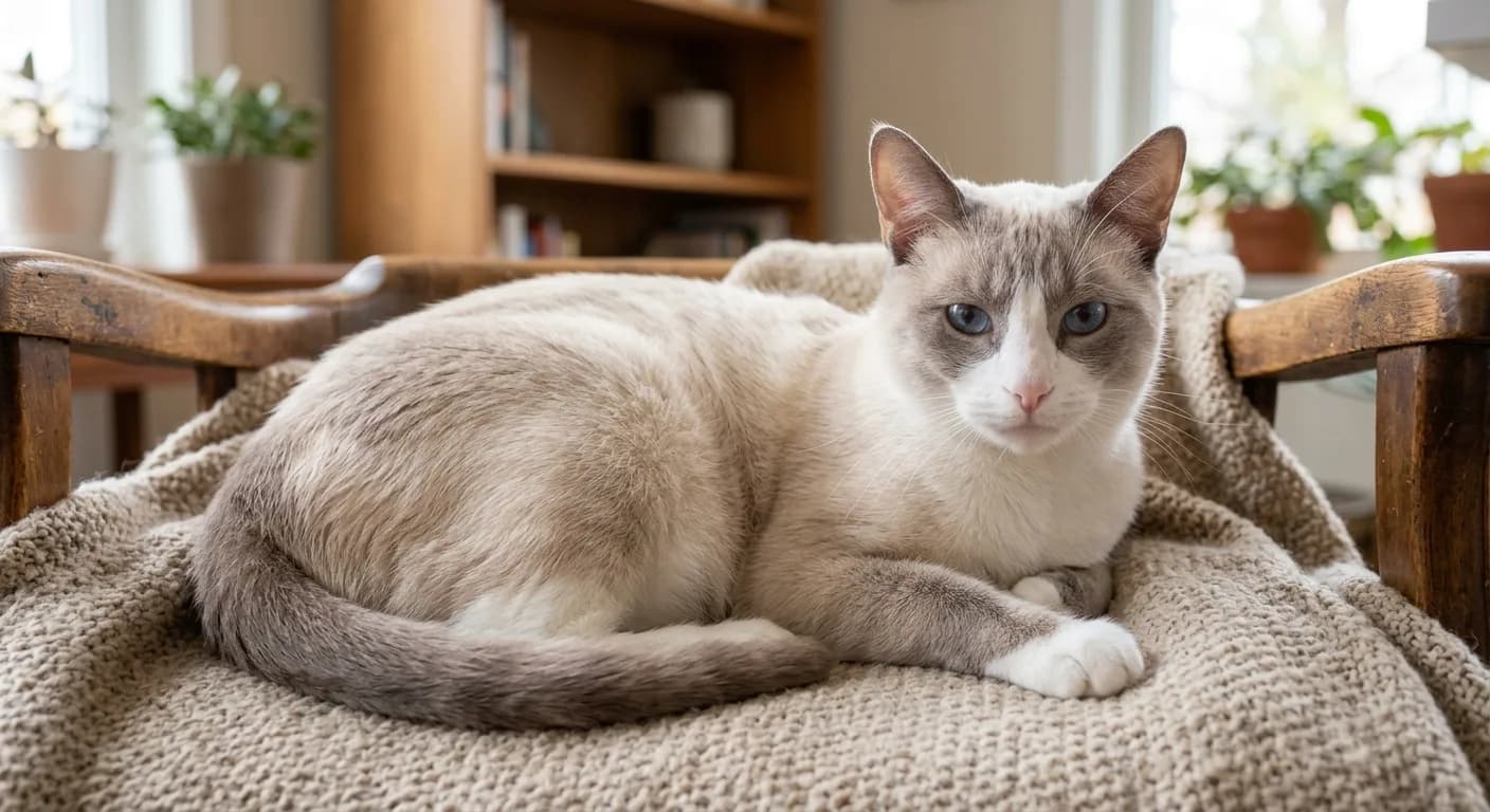A short-haired lilac point Snowshoe with frosty pinkish-grey points over a milky off-white body, delicate pale coloring, white paw boots, a white V on the muzzle, blue eyes, resting