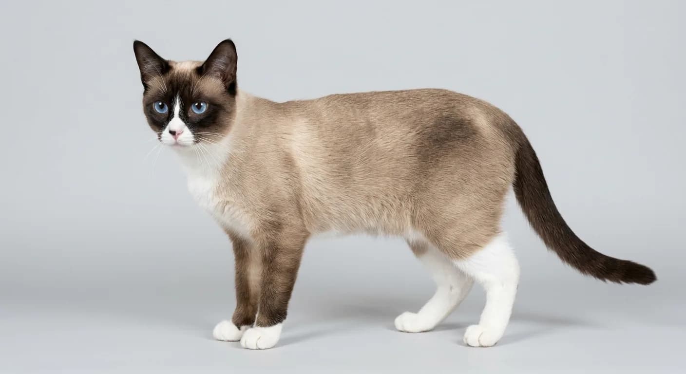 A short-haired seal mitted Snowshoe with a solid dark mask, white mittens on the front paws and taller white boots on the back legs, a white chin, blue eyes, full body view on a plain background