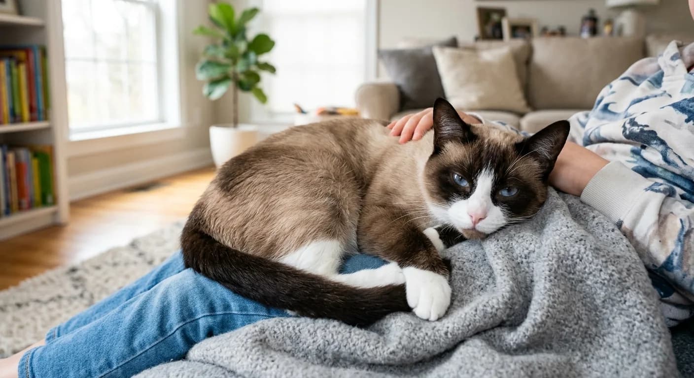 A short-haired pointed Snowshoe cat with seal points, white paw boots, an inverted white V on the muzzle, and blue eyes curled contentedly on a child's lap in a bright family room, looking calm and relaxed