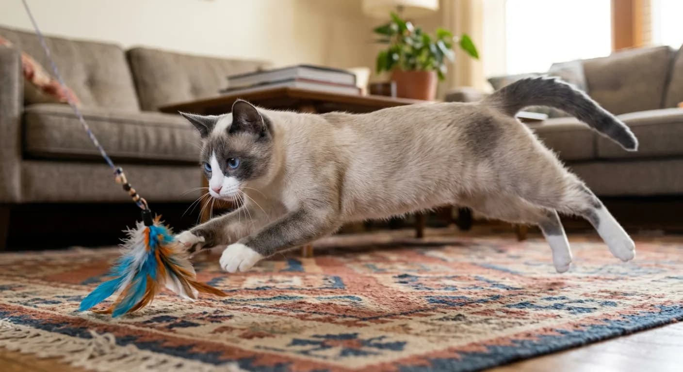 A short-haired pointed Snowshoe cat with blue points, white paw boots, an inverted white V on the muzzle, and blue eyes mid-pounce on a feather toy across a living-room rug, body stretched and alert