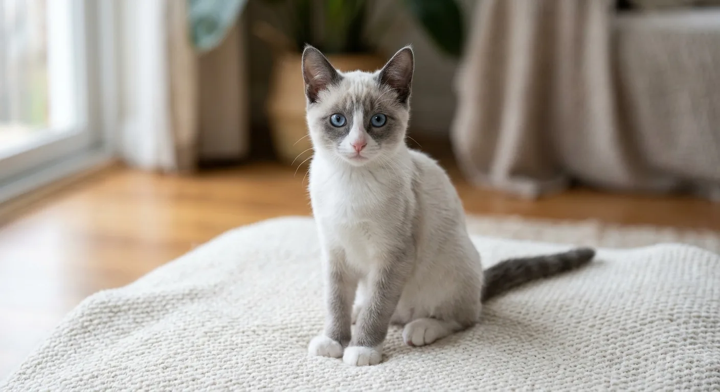 A short-haired blue point Snowshoe kitten with a pale bluish-white body, soft slate-grey points on the ears and mask, white boots on the paws, an inverted white V on the muzzle, and bright blue eyes, sitting on a light blanket and looking at the camera