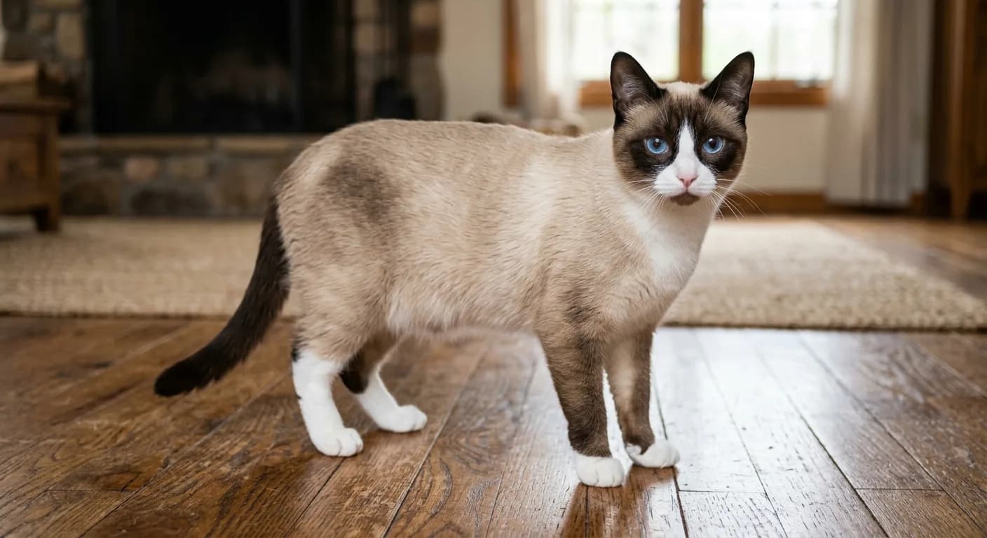 A close-up of a medium-to-large short-haired seal point Snowshoe cat standing on a wooden floor, showing crisp white boots on all four paws, a sharply symmetrical inverted white V over the muzzle, dark seal points on the ears and mask, and vivid blue eyes against a pale cream body