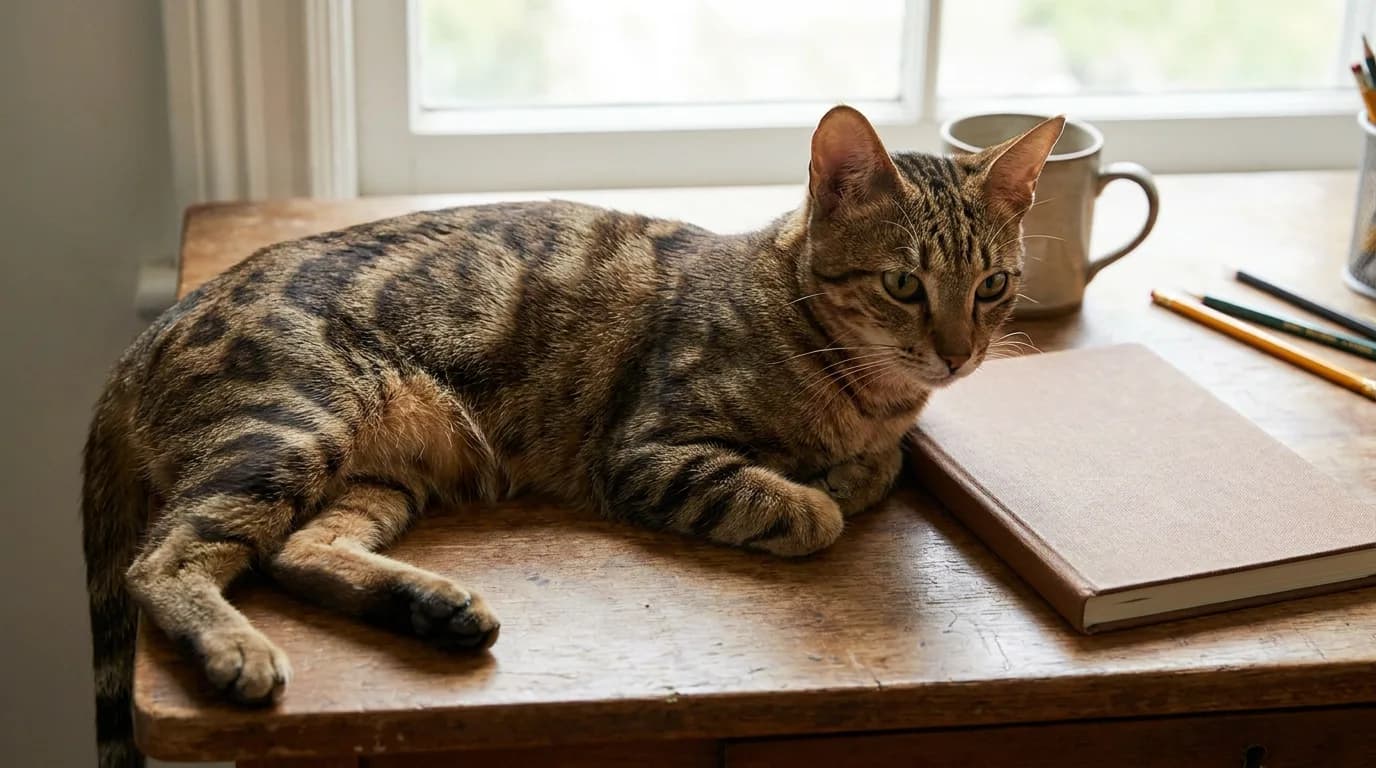 Sokoke resting beside a closed notebook on a desk