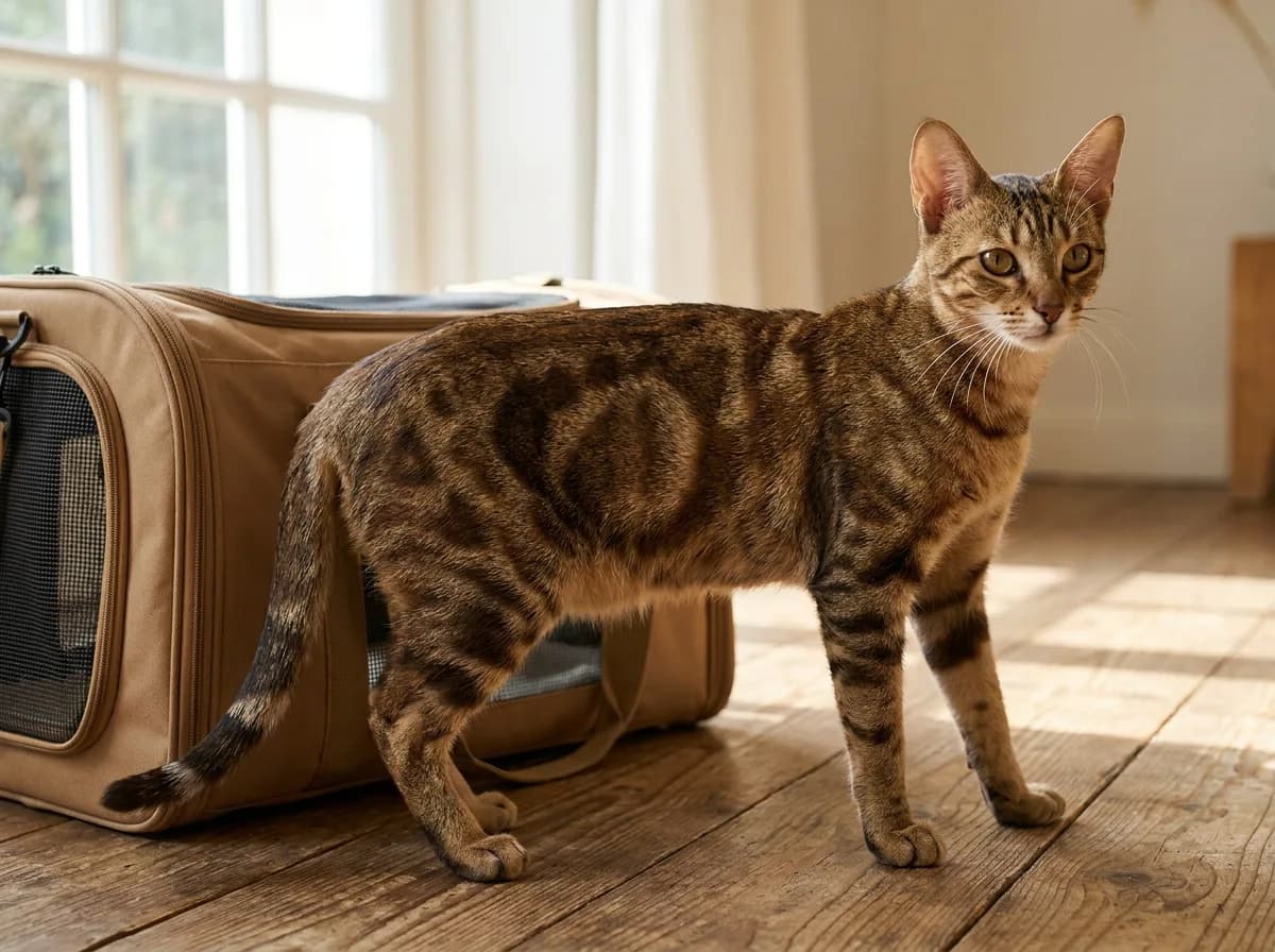 Sokoke standing beside a carrier with its tabby flank markings visible