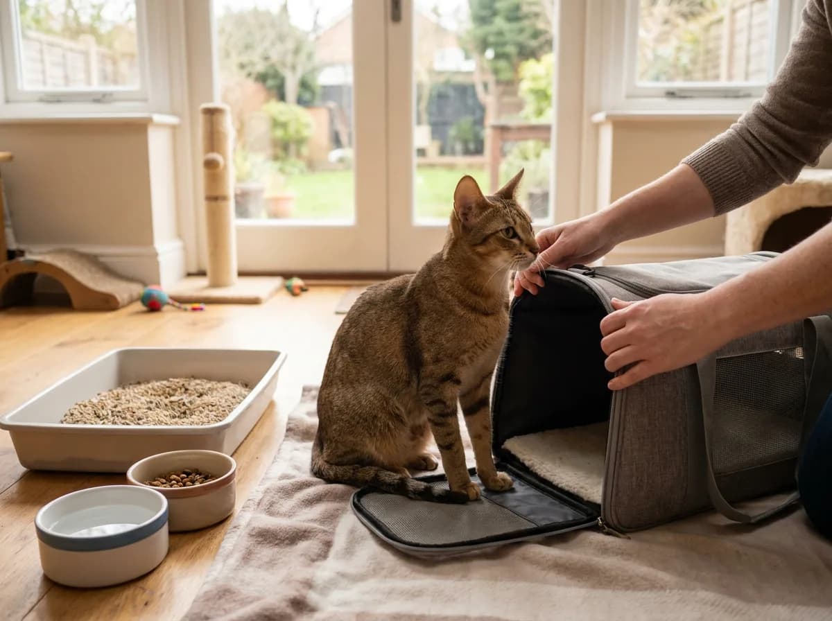 Cat beside an open carrier, litter tray and bowls in a prepared room