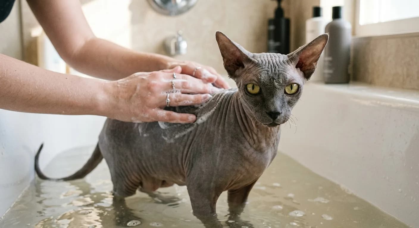 A hairless Sphynx cat with wet wrinkled grey skin standing calmly in a shallow warm bath, very large ears back slightly, large lemon-shaped eyes, a person's hands gently lathering its back with cat-safe suds, no human face visible
