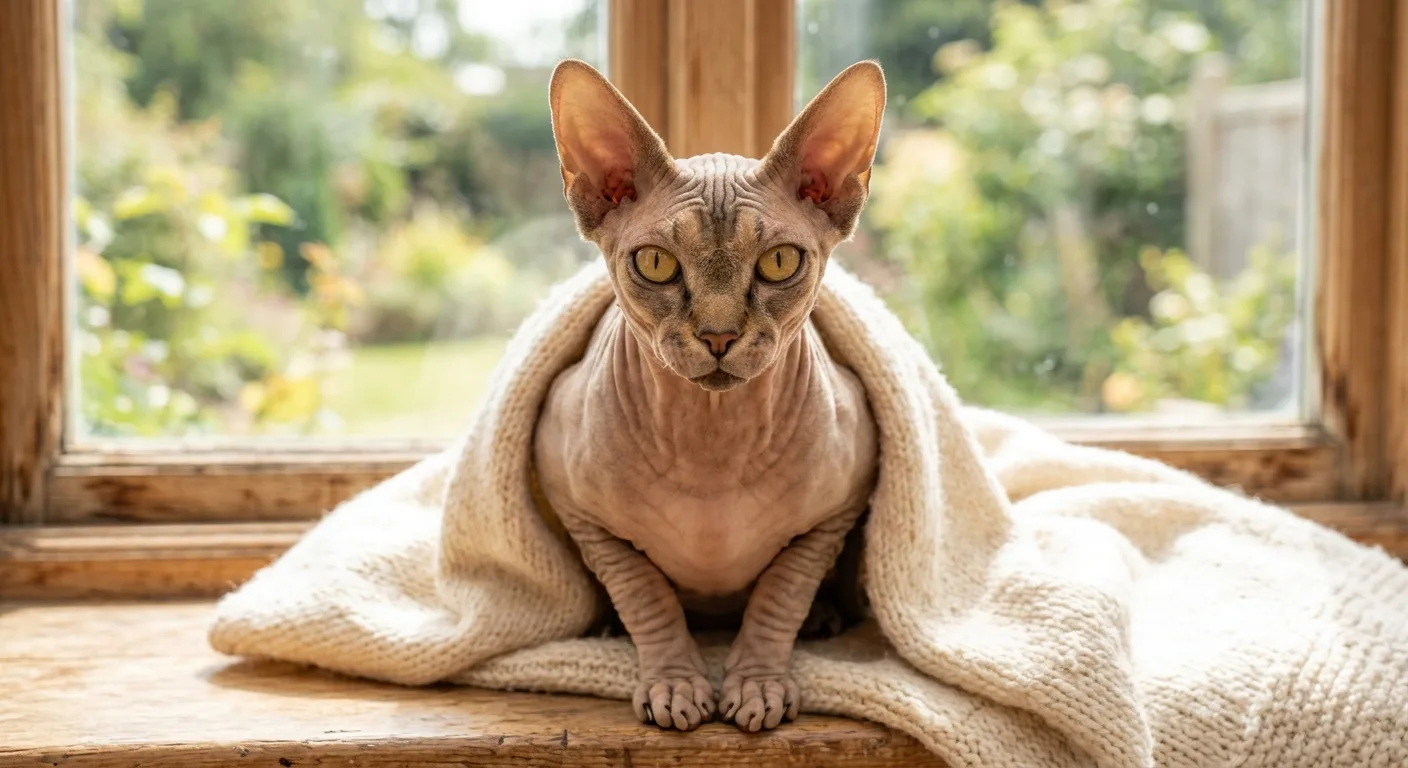 A hairless Sphynx cat with soft wrinkled suede-like skin in a warm chamois tan, a wedge-shaped head with very large wide-set ears, prominent cheekbones and large lemon-shaped golden eyes, sitting upright wrapped loosely in a cream knit blanket on a sunny windowsill