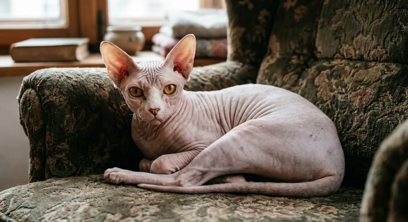 A hairless Sphynx cat with pale pinkish-grey wrinkled skin and a wedge-shaped head with very large ears, lying curled on a vintage armchair in soft window light, large amber lemon-shaped eyes looking toward the camera