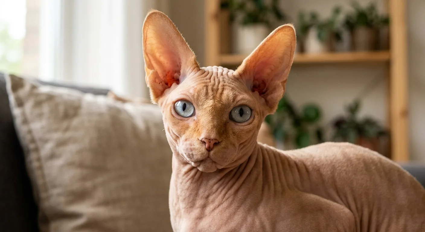 A close-up of a hairless Sphynx cat's head and shoulders showing soft wrinkled suede-like skin in a warm peach tone, prominent cheekbones, deep folds around the muzzle and between the very large wide-set ears, and a fine downy peach-fuzz catching the light