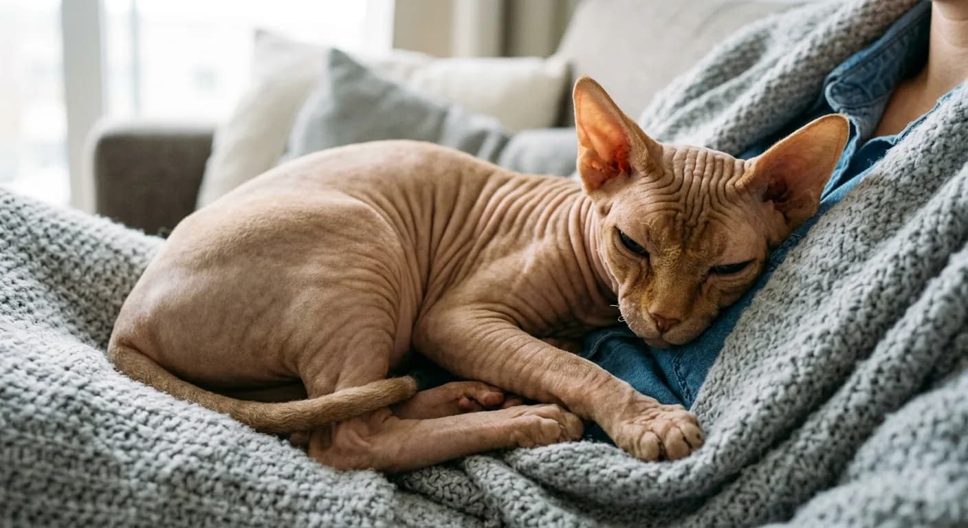 A hairless Sphynx cat with warm tan wrinkled skin and very large ears curled up contentedly against a person's chest under a soft grey blanket, eyes half-closed, long slender legs tucked in, no human face visible