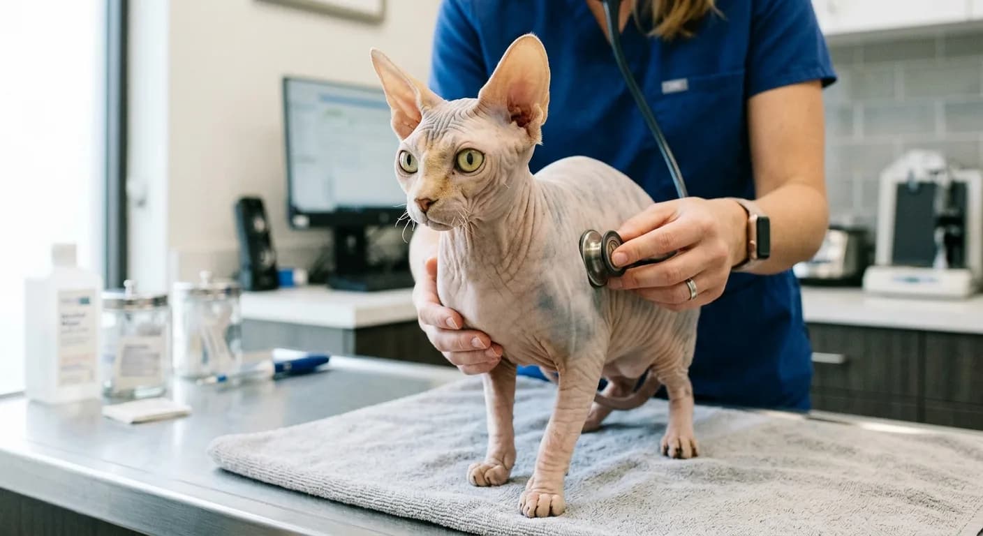 A veterinarian using a stethoscope to listen to the heart of a calm hairless Sphynx cat with pale wrinkled skin and very large ears on a clinic table, the cat's large lemon-shaped eyes alert, no human face visible