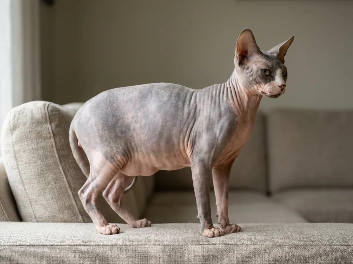 Gray and pink Sphynx cat standing sideways on a sofa cushion.