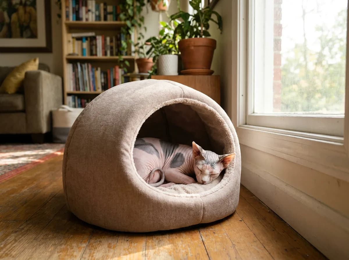 Sphynx cat curled inside a soft covered bed near a window.