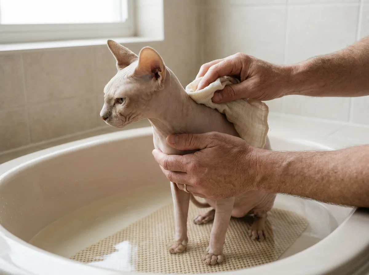 Sphynx cat supported in a shallow basin while a person gently wipes its shoulder.
