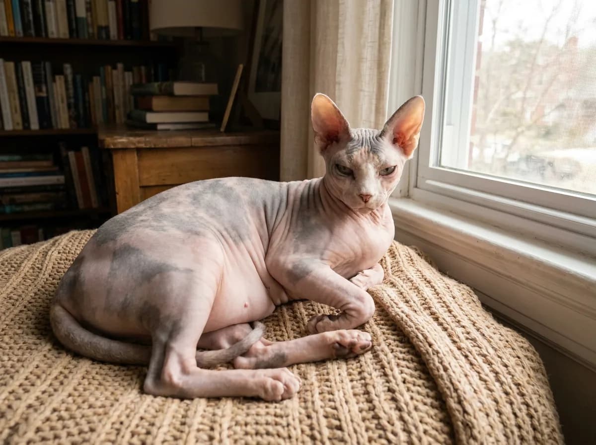 Sphynx cat resting on a knitted blanket beside a closed window.