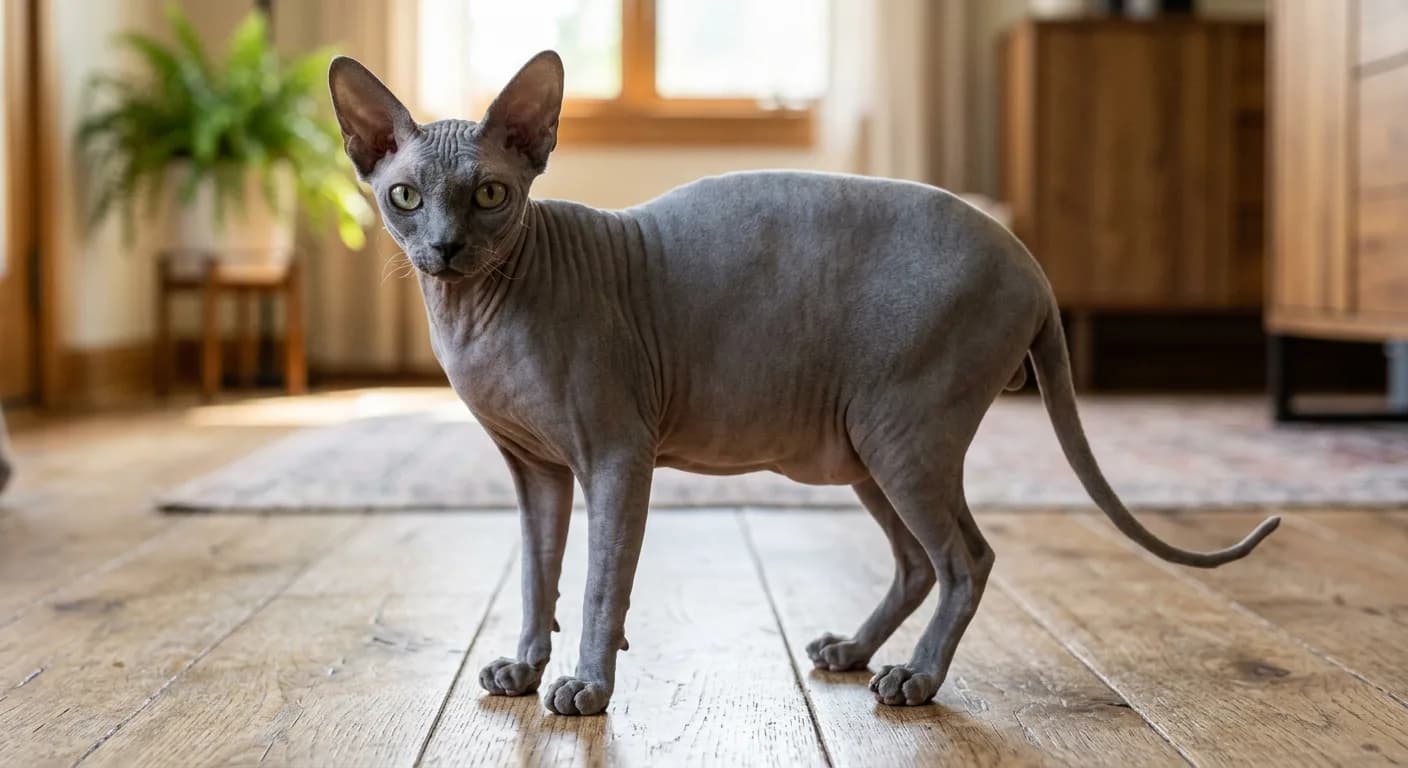 A blue-gray Sphynx cat with smooth cool slate-gray wrinkled skin, a barrel-shaped body, long slender legs and toes, large wide-set ears, and large green-gold eyes, standing on a light wood floor