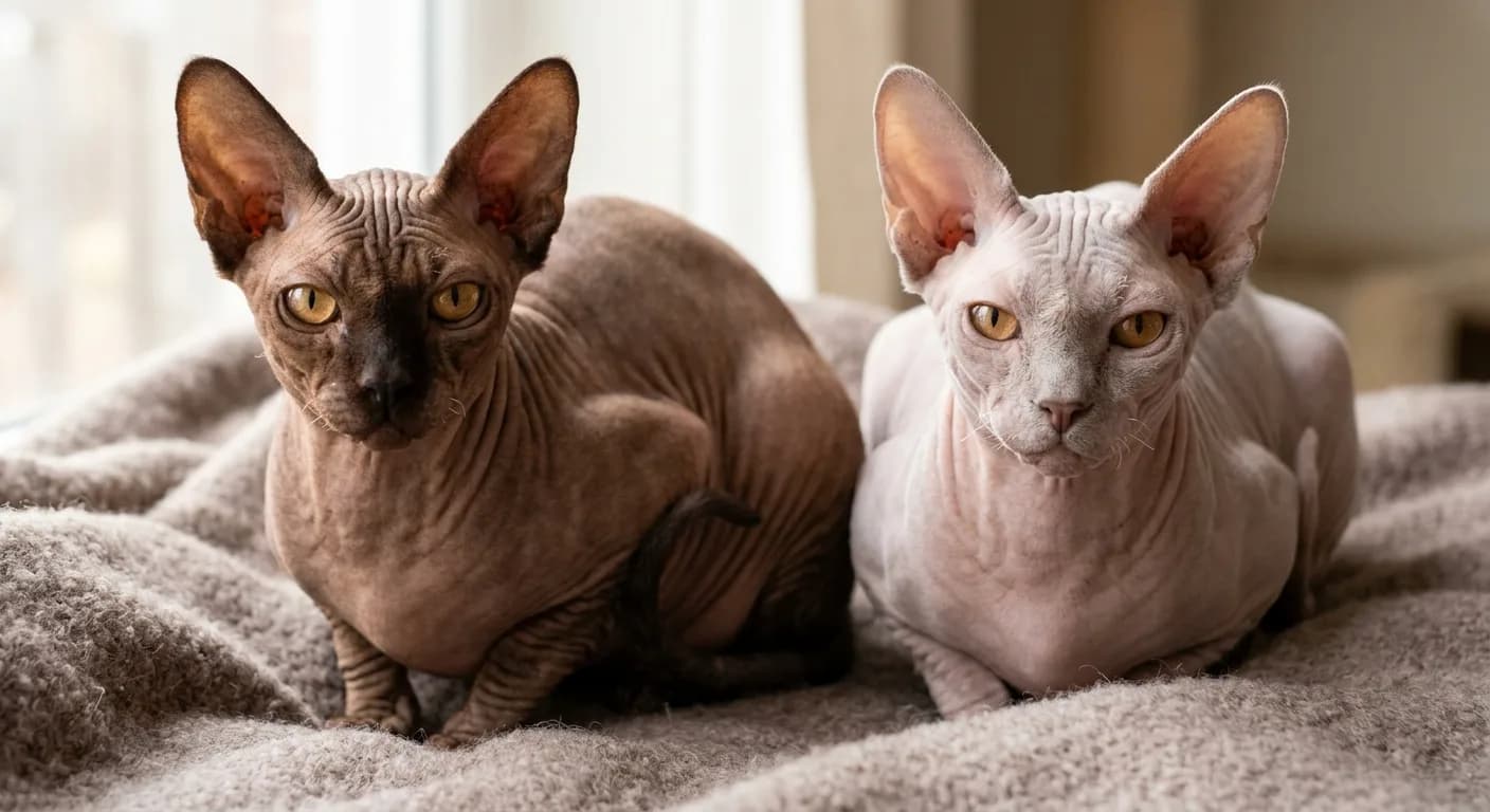 A warm milk-chocolate brown Sphynx cat next to a pale frosty pinkish-gray lilac Sphynx, both with deeply wrinkled suede-like skin, very large wide-set ears, prominent cheekbones, and large amber eyes, on a soft taupe surface