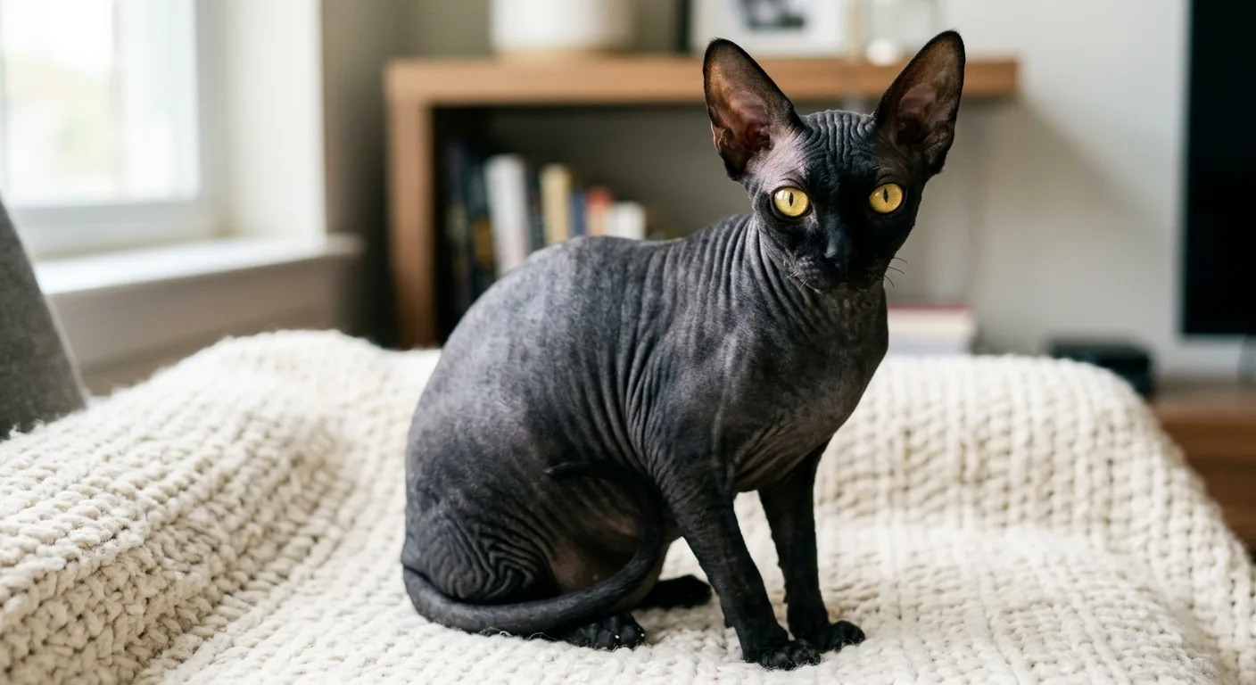 A solid black Sphynx cat with deep charcoal wrinkled suede-like skin, a wedge-shaped head, very large wide-set ears, prominent cheekbones, large lemon-shaped golden eyes, and a barrel body, sitting upright on a soft cream blanket