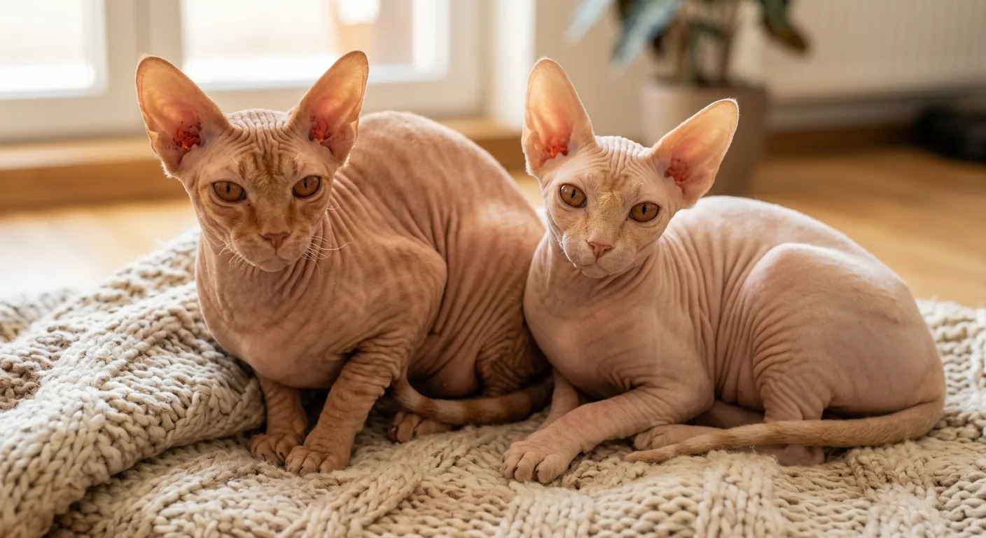 A warm reddish-peach red Sphynx cat with faint ginger tabby striping on wrinkled skin beside a pale cream Sphynx with soft peachy-buff skin, both with large ears and large copper eyes, posed together on a knitted blanket