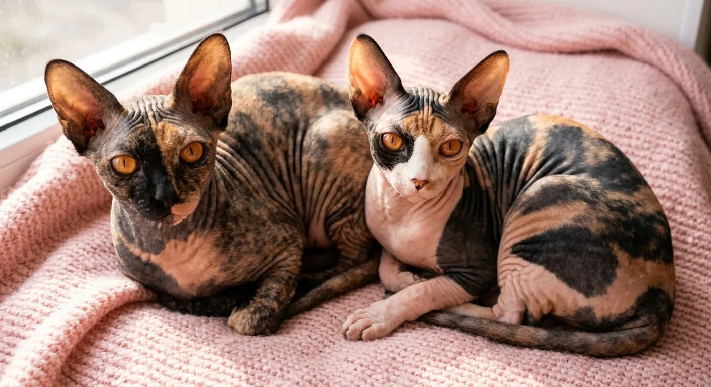 A tortoiseshell Sphynx cat with mottled black-and-ginger patched skin beside a calico Sphynx showing distinct black, red, and white patches, both with wrinkled skin, large ears, and large orange eyes, on a soft pink blanket