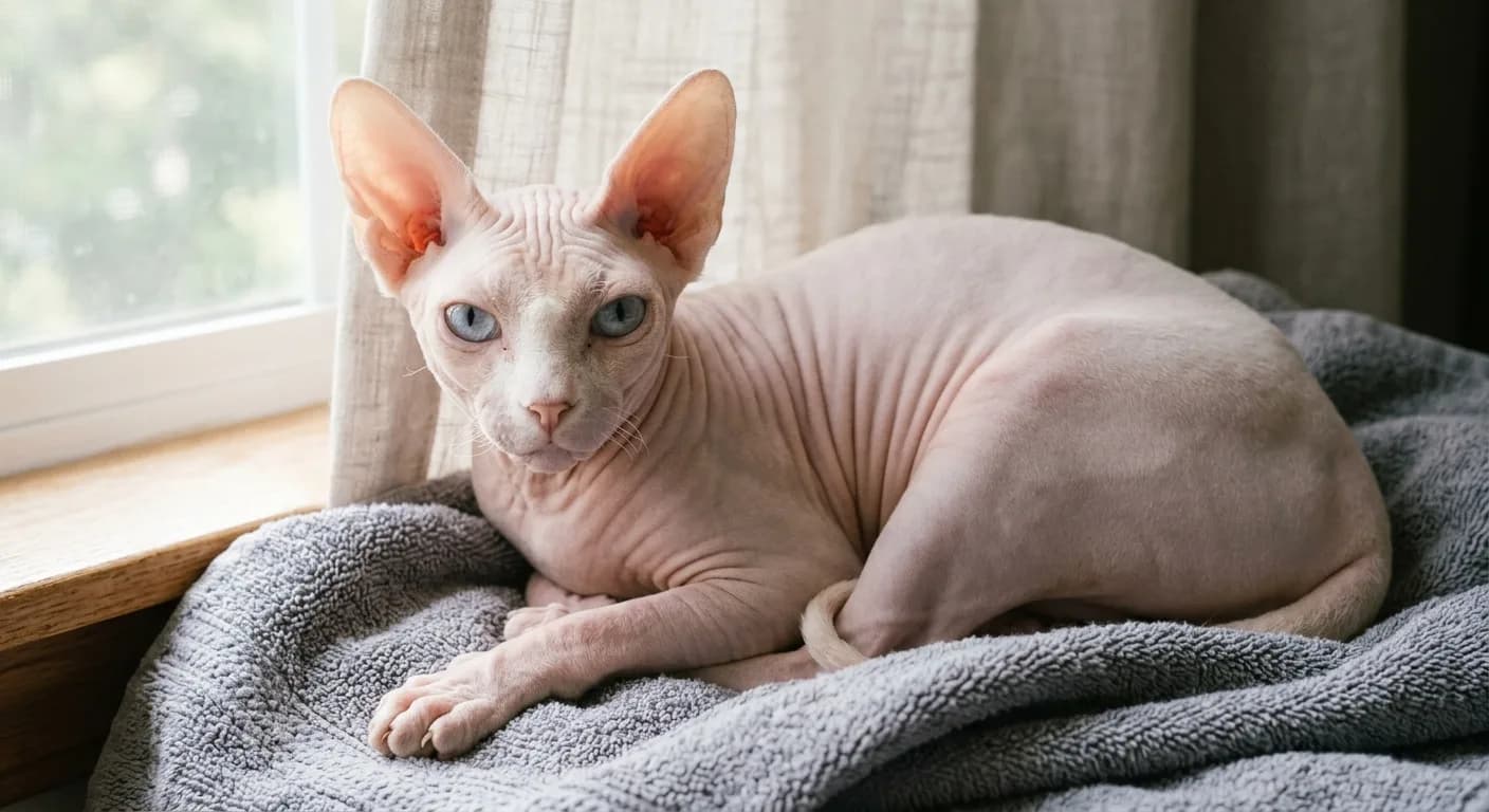 A pale pink-skinned white Sphynx cat with fine white peach-fuzz down, a wedge-shaped head, very large ears, and large pale blue lemon-shaped eyes, lying on a folded gray towel near soft window light