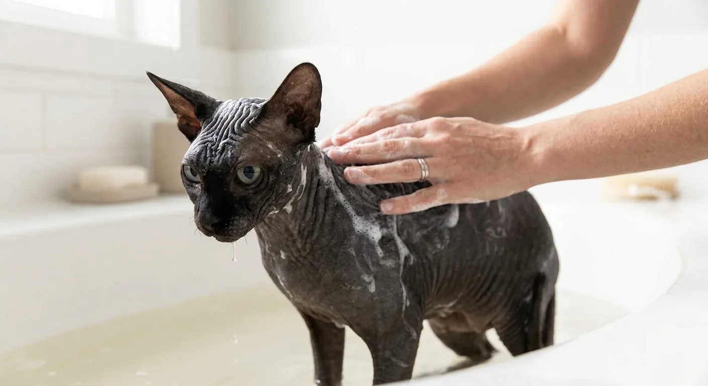 A wet black-skinned Sphynx cat standing in a shallow warm bath being lathered with cat shampoo, its hairless wrinkled skin and large bat-like ears clearly visible, a person's hands gently massaging its back, bright clean bathroom setting