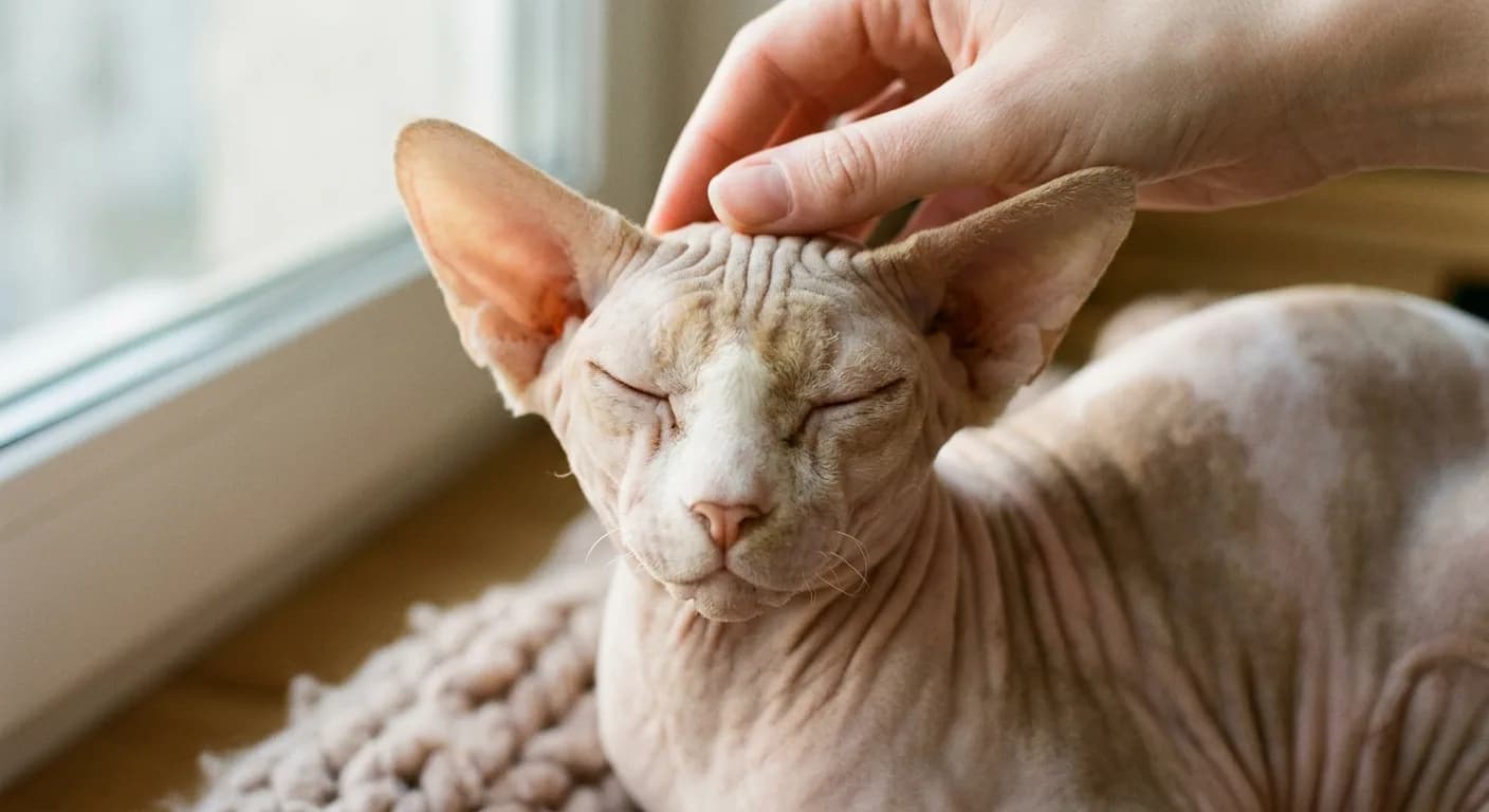 Close-up of a wrinkled cream-and-pink Sphynx cat being gently stroked by a human hand, showing the bare suede-textured skin with its faint oily sheen, large ears and prominent cheekbones in soft natural window light