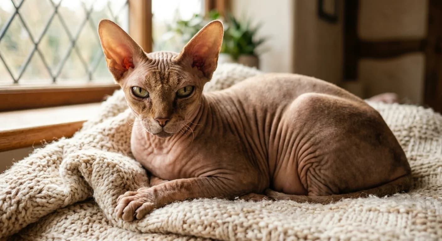A serene senior hairless Sphynx cat with soft wrinkled suede-like skin in a warm chestnut and cream tone, a wedge-shaped head with very large wide-set ears, prominent cheekbones, and large lemon-shaped eyes, resting on a heated knitted blanket in soft window light