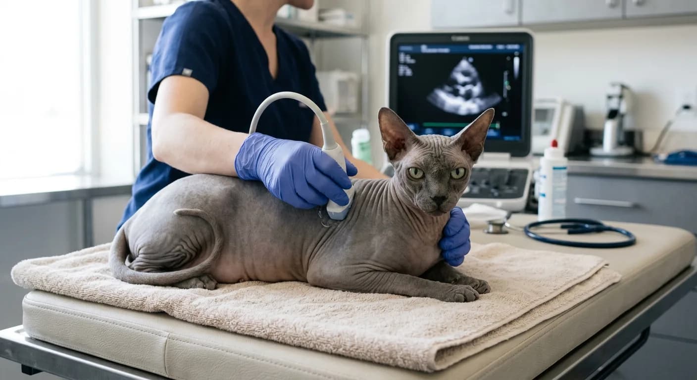 A calm grey-skinned Sphynx cat with wrinkled suede-like skin, very large ears, and prominent cheekbones lying on a soft towel while a veterinarian performs a heart ultrasound with a probe on its barrel-shaped chest in a bright clinic